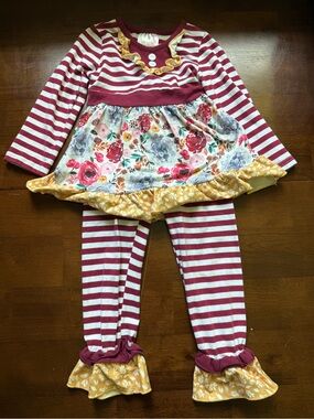 Flowersak Girls Burgundy Stripe Floral Ruffle Matching Set